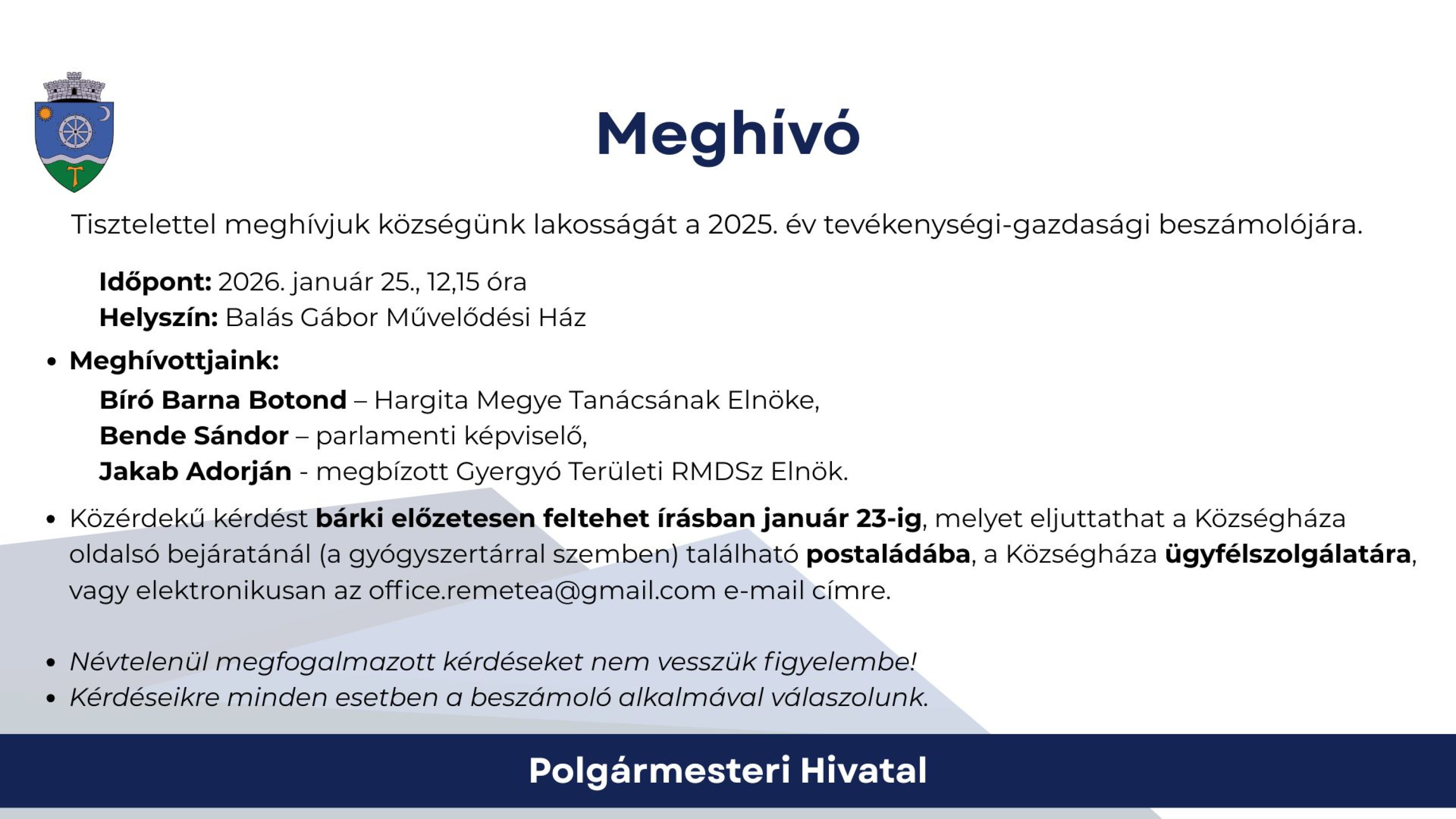 Meghívó a 2025. év tevékenységi-gazdasági beszámolójára