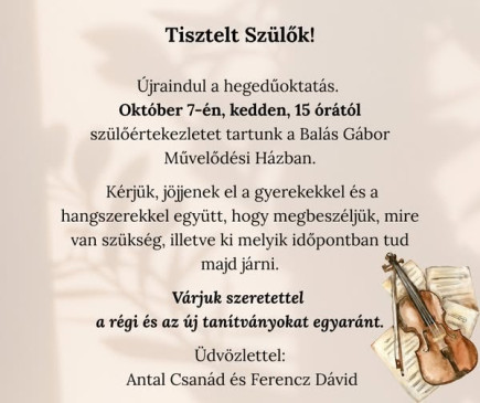 Újraindul a hegedűoktatás