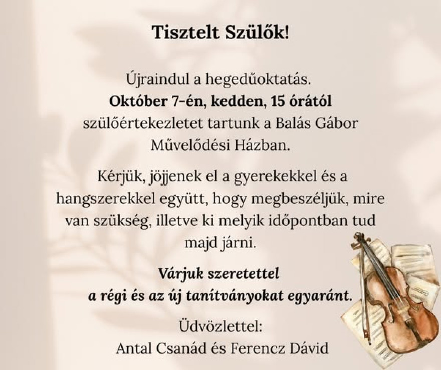 Újraindul a hegedűoktatás