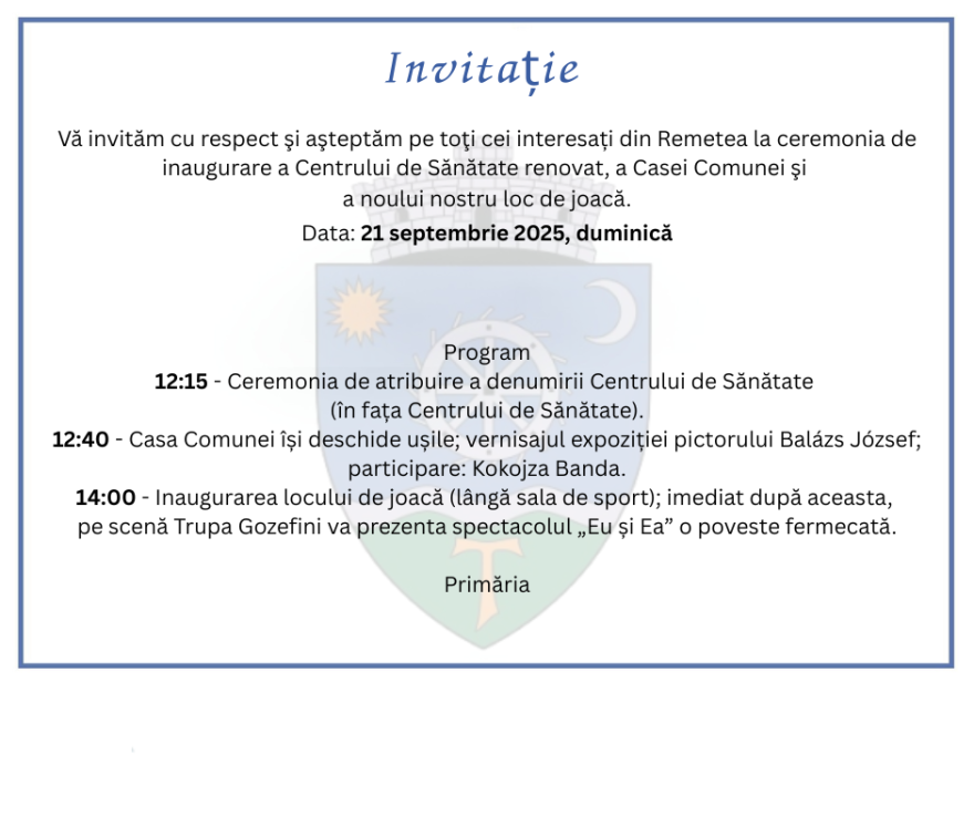 Invitație - ceremonie de dedicare și deschidere